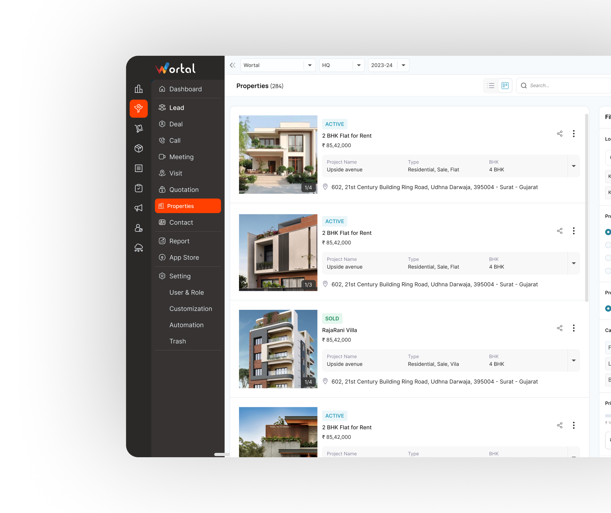 Wortal CRM Real Estate Industry Dashboard