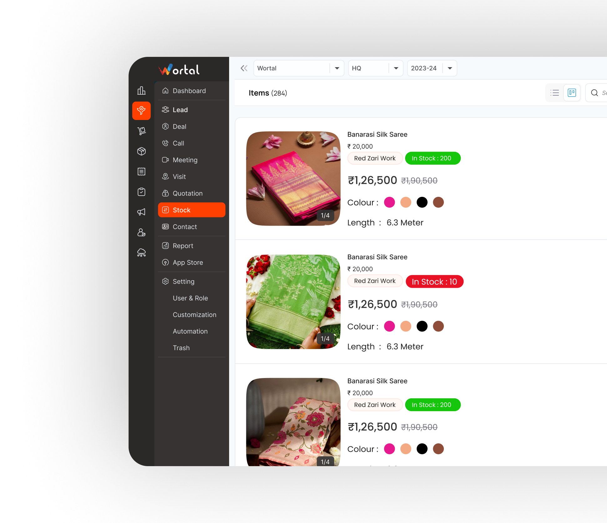 Wortal CRM Textile Industry Dashboard